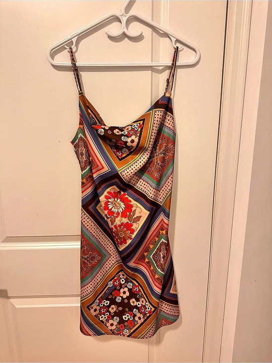 Red Dress Dresses & Skirts - Red Dress Looking Like a Yes Rust & Blue Scarf Print Cowl Neck Mini Dress